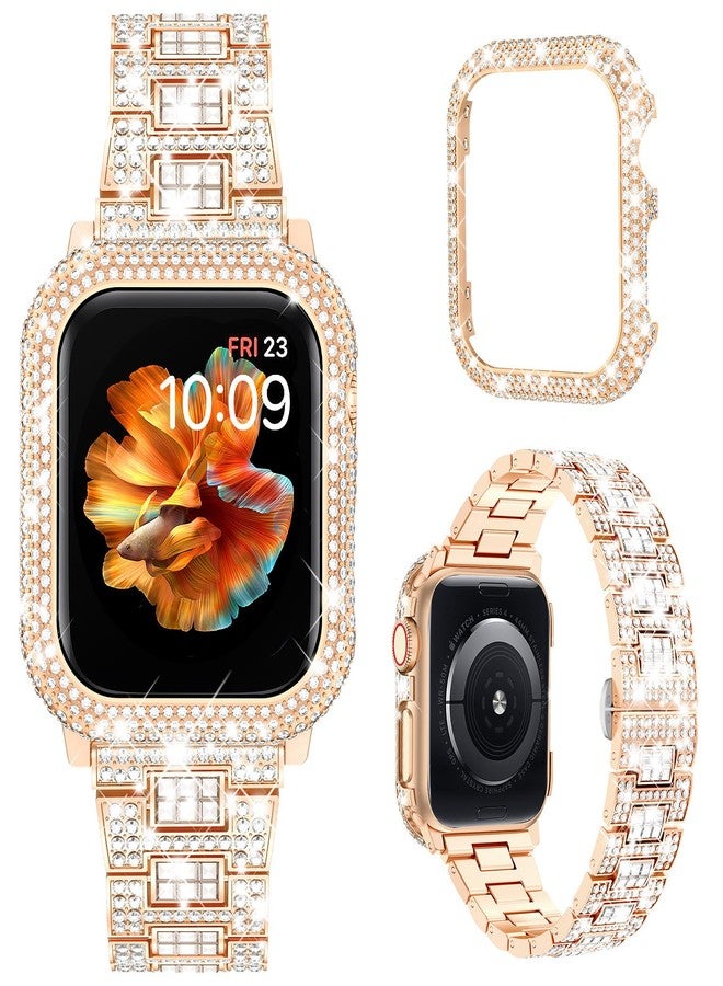 Mosonio Compatible with Bling Apple Watch Band Women 40mm 44mm 41mm 45mm with Shiny Metal Case, Full Sparking Luxury Diamond Bands and Cover Set, Cute Charming Strap for iWatch SE Series 9/8/7/6/5/4 - Image 1