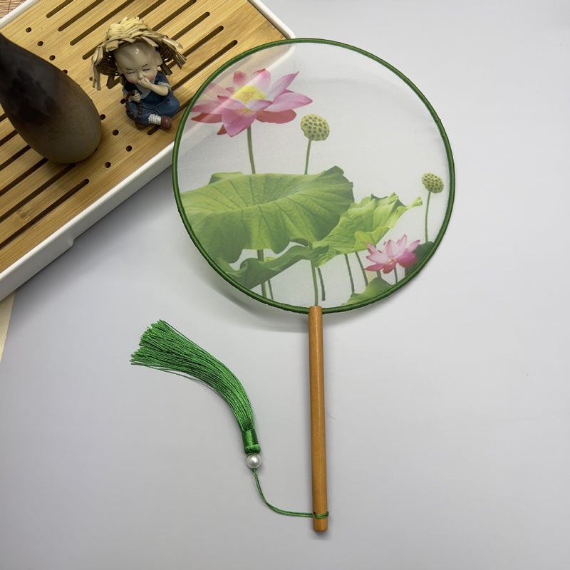Vintage Chinese Style Dance Fans with Tassel Green leaf lotus [print] 