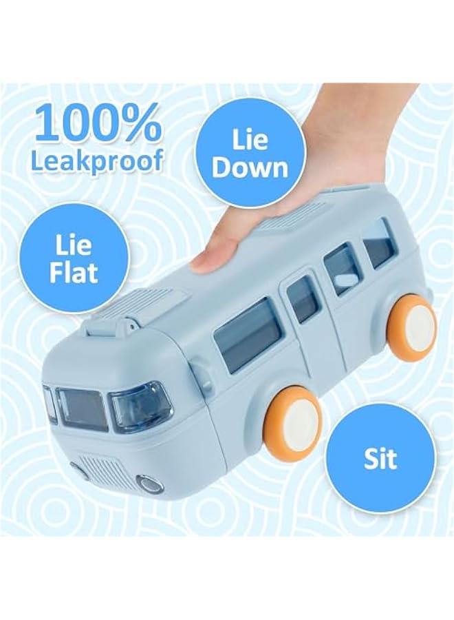 Car Straw Water Cup, 500ML Summer Cute Bus Water Bottle with Shoulder Strap, Leak-Proof Kids Square Drinking Cup Cute Cartoon Water Jug Toy Locking Flip Lid Water Kettle for Kids (Blue) - Image 5