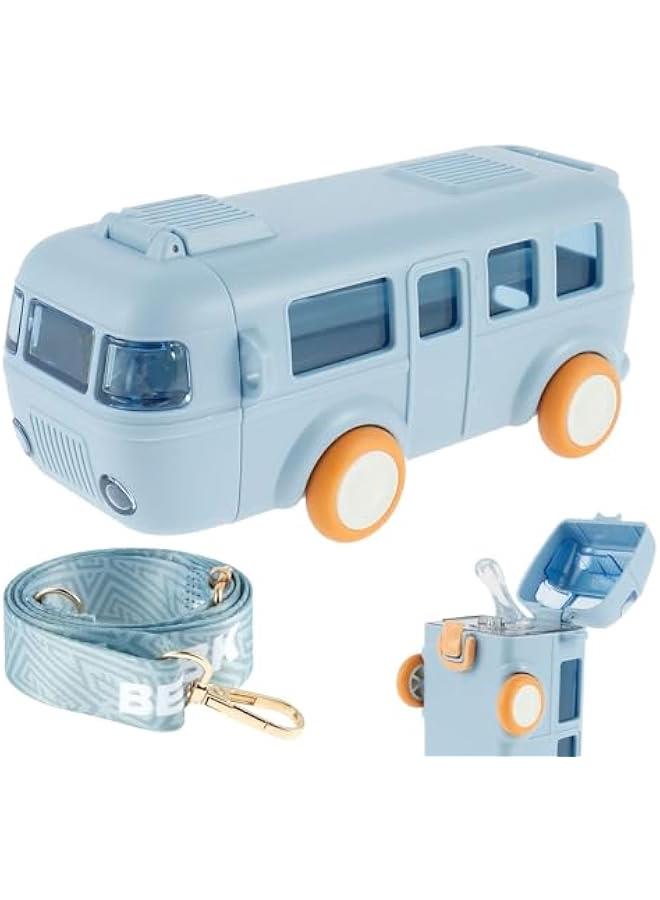 Car Straw Water Cup, 500ML Summer Cute Bus Water Bottle with Shoulder Strap, Leak-Proof Kids Square Drinking Cup Cute Cartoon Water Jug Toy Locking Flip Lid Water Kettle for Kids (Blue) - Image 1