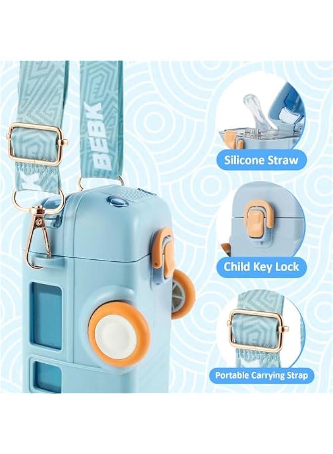 Car Straw Water Cup, 500ML Summer Cute Bus Water Bottle with Shoulder Strap, Leak-Proof Kids Square Drinking Cup Cute Cartoon Water Jug Toy Locking Flip Lid Water Kettle for Kids (Blue) - Image 3