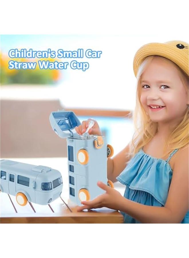 Car Straw Water Cup, 500ML Summer Cute Bus Water Bottle with Shoulder Strap, Leak-Proof Kids Square Drinking Cup Cute Cartoon Water Jug Toy Locking Flip Lid Water Kettle for Kids (Blue) - Image 2