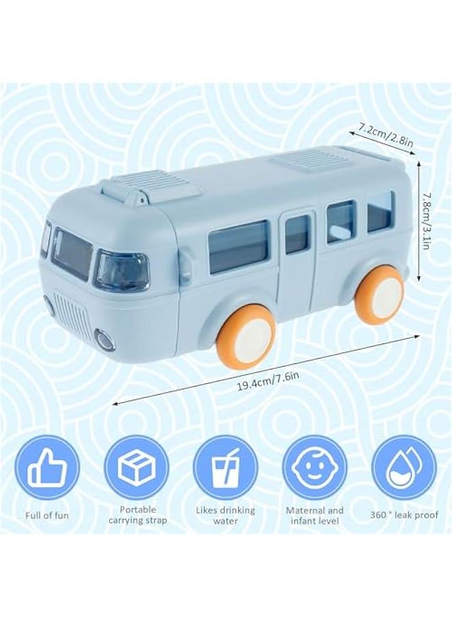 Car Straw Water Cup, 500ML Summer Cute Bus Water Bottle with Shoulder Strap, Leak-Proof Kids Square Drinking Cup Cute Cartoon Water Jug Toy Locking Flip Lid Water Kettle for Kids (Blue) - Image 4