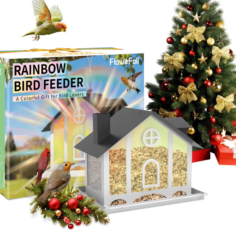 FlowaFoli Bird Feeder House for Outside, Decorative Large Bird Feeders for Outdoors with Rainbow Acrylic Panels, Ideal Gift for BirdLovers to Attract Feathered Friends Year-Round - Image 1