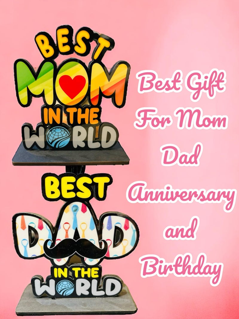 WARMINGO DE Best Mom & Dad In The World Wooden Trophy Combo | Best Gift For Mother Father Wedding Anniversary | Mothers Fathers Day Gift Multicolor (6 x 5.5 Inches Each) - Image 3