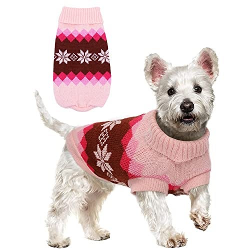 KUTKUT Turtleneck Knitwear Small Dog Sweater, Soft Comfortable Pet Knitwear Pullover For Shihtzu, Pug Etc, Argyle Style Weaved Pet Sweater Winter Dog Clothes (2Xl, Chest: 50Cm), Pink - Image 1