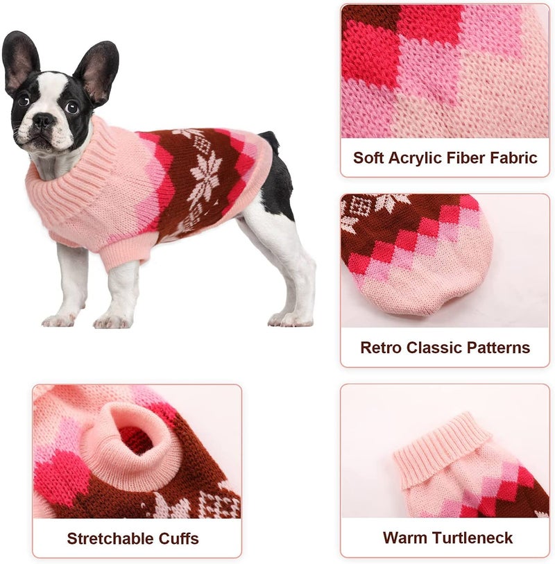 KUTKUT Turtleneck Knitwear Small Dog Sweater, Soft Comfortable Pet Knitwear Pullover For Shihtzu, Pug Etc, Argyle Style Weaved Pet Sweater Winter Dog Clothes (2Xl, Chest: 50Cm), Pink - Image 2