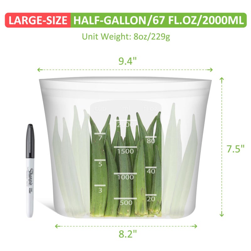 Annaklin Reusable Food Storage Bags Half-Gallon, 4 Pack 100% Silicone Food Storage Bags Stand-Up Wide-Mouth Zip-Lock for Large Items, 67 fl.oz/2000 ml, Freezer Microwave Oven Dishwasher Safe, Translucent - Image 3