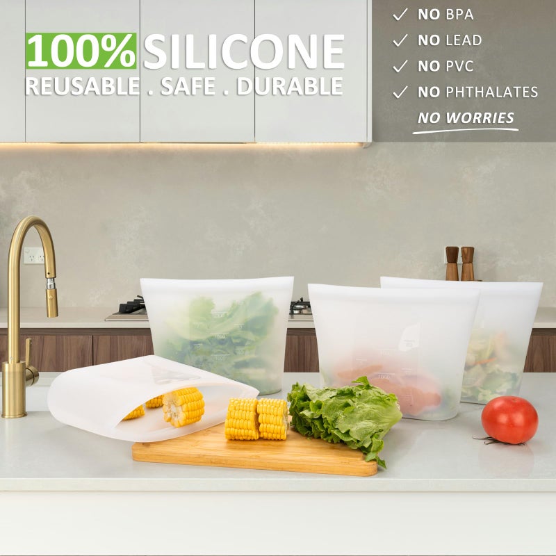 Annaklin Reusable Food Storage Bags Half-Gallon, 4 Pack 100% Silicone Food Storage Bags Stand-Up Wide-Mouth Zip-Lock for Large Items, 67 fl.oz/2000 ml, Freezer Microwave Oven Dishwasher Safe, Translucent - Image 2