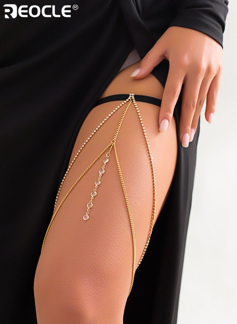 REOCLE Women's Thigh Chain Multi-Layered Rhinestone & Gold-Tone Waist-to-Thigh Draping Body Chain Adjustable Sparkling Festival & Party Body Jewelry - Image 1