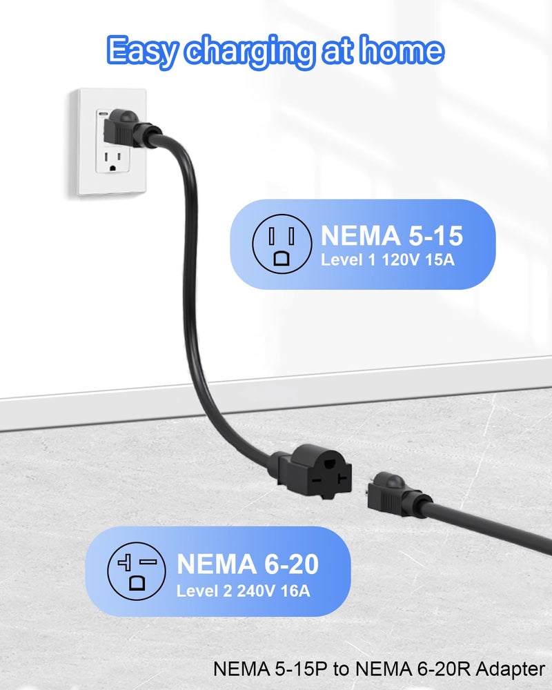 AplysiaTech Level 1/2 EV Tesla Charger,16A 120V/240V Tesla Home Charging Station, 21FT Cable NEMA 6-20 Plug NEMA 5-15 Adapter, NACS Connector, Travel Portable Wall Charger for Tesla Model Y/3/S/X - Image 5