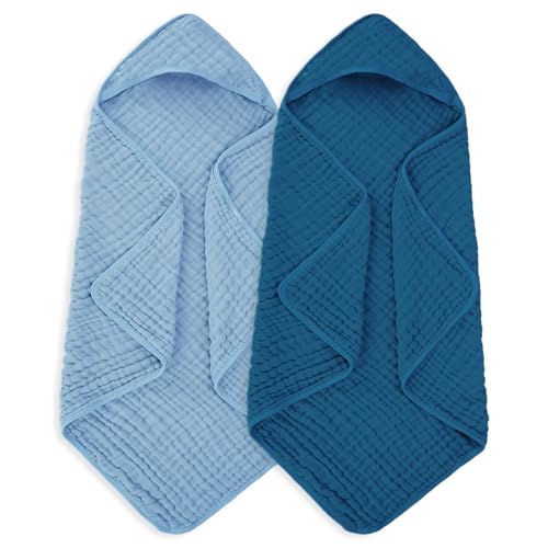 MIGIOL Muslin Baby Towels 100 Cotton Super Soft Muslin Baby Bath Towel 32 x 32 Inches Suitable for Newborn and Young Children up to 3 Years Old Light Blue Dark Blue - Image 1