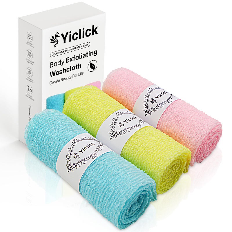 Yiclick Exfoliating Washcloth Towel [3 Pack], Japanese Exfoliating Bath Wash Cloth for Body Exfoliation, Korean Back Scrubber Washer for Shower, African Net Sponge Brush Loofah Exfoliator (Colors) - Image 1