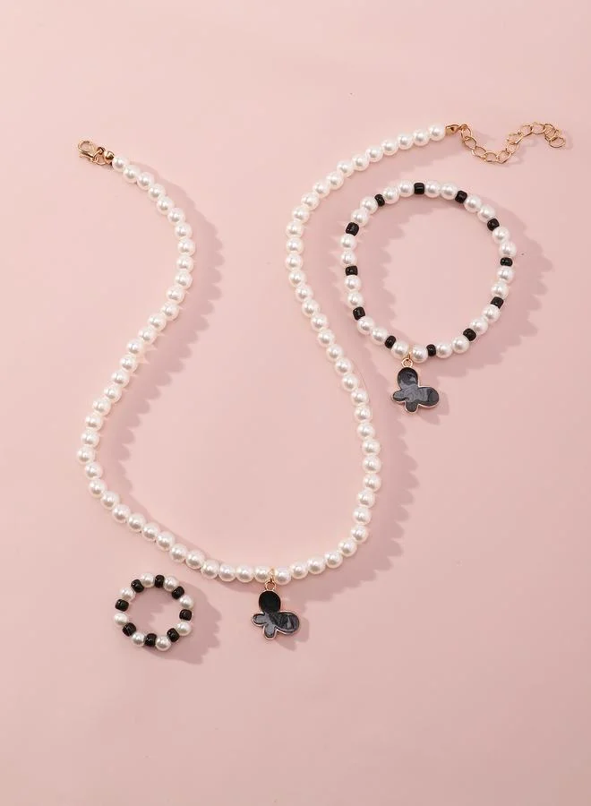 Take Two  Girls Multi-Color Butterfly Charm Pearl Beaded Nacklace, Bracelet and Ring Set for Women | Best Price UAE
