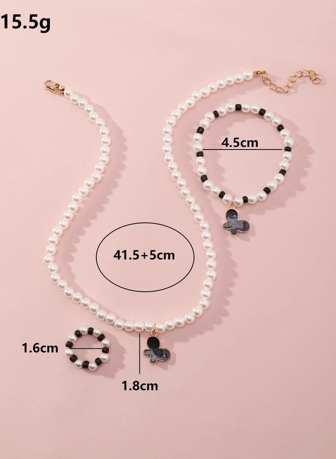 Take Two  Girls Multi-Color Butterfly Charm Pearl Beaded Nacklace, Bracelet and Ring Set for Women | Best Price UAE
