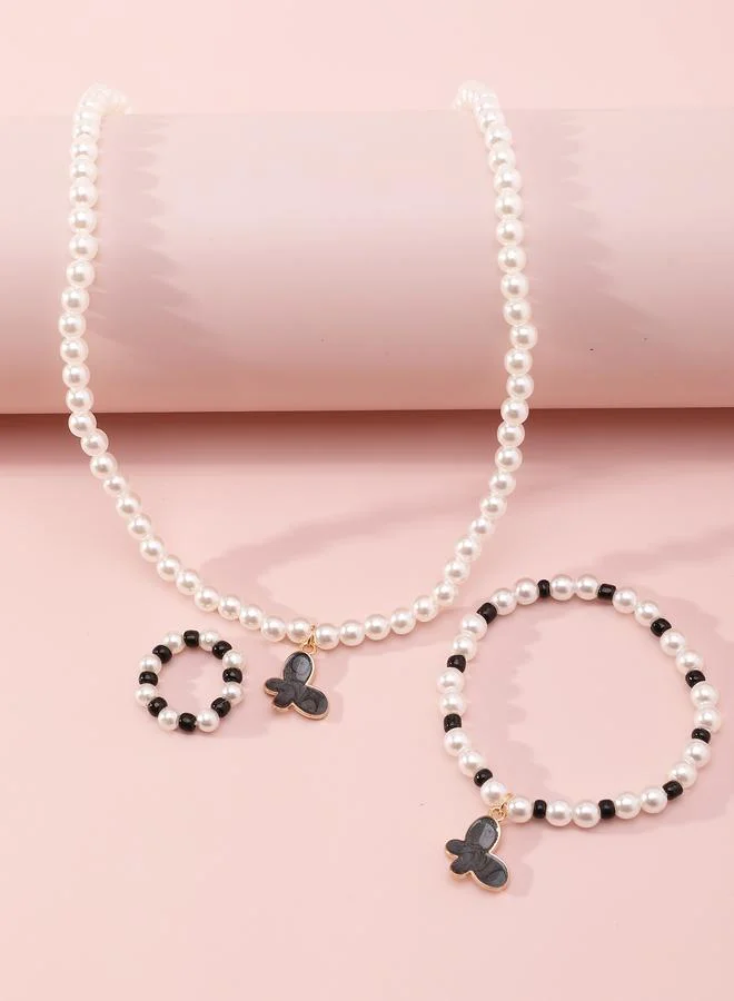 Girls Multi-Color Butterfly Charm Pearl Beaded Nacklace, Bracelet and Ring Set