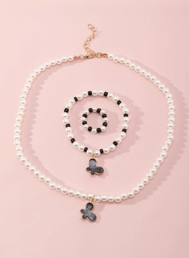 Take Two  Girls Multi-Color Butterfly Charm Pearl Beaded Nacklace, Bracelet and Ring Set for Women | Best Price UAE