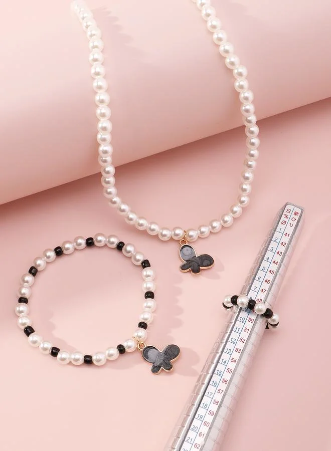 Take Two  Girls Multi-Color Butterfly Charm Pearl Beaded Nacklace, Bracelet and Ring Set for Women | Best Price UAE