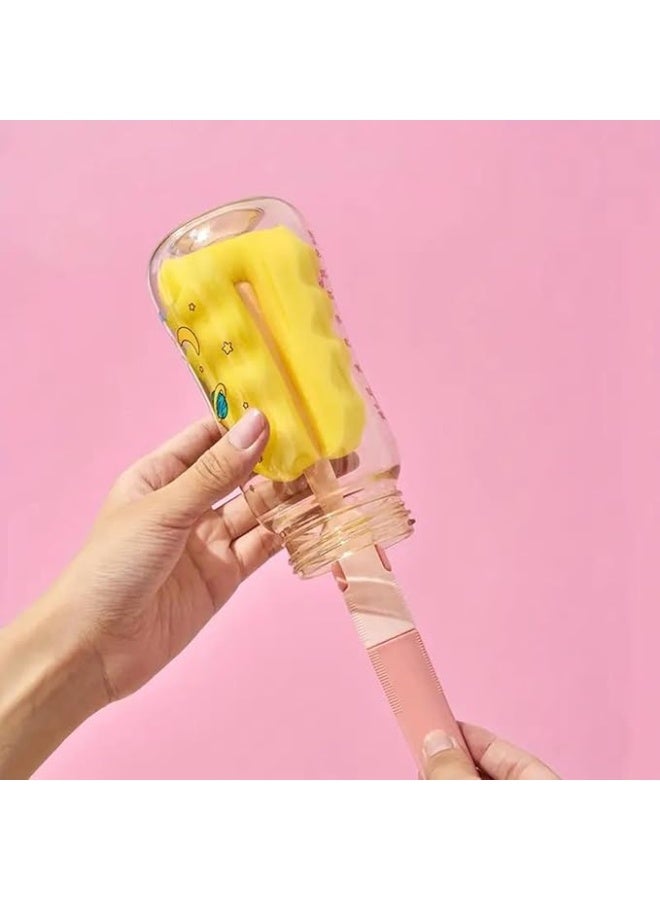طقم تنظيف زجاجات الأطفال 6 قطع – فرش تنظيف مع إسفنجة وشعيرات لتنظيف الزجاجات والمصاصات – باللونين الوردي والأصفر - Image 5
