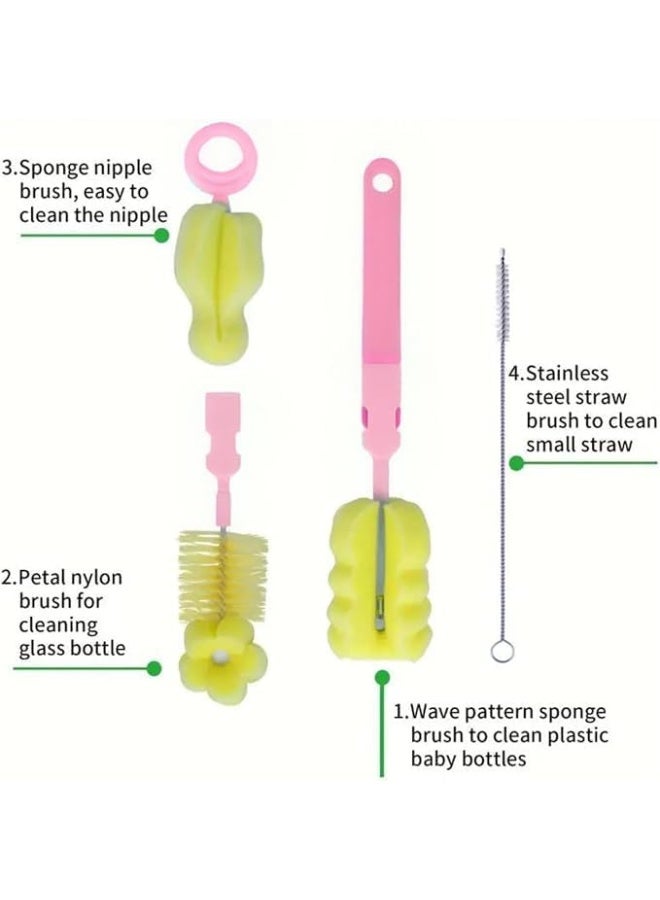 طقم تنظيف زجاجات الأطفال 6 قطع – فرش تنظيف مع إسفنجة وشعيرات لتنظيف الزجاجات والمصاصات – باللونين الوردي والأصفر - Image 3