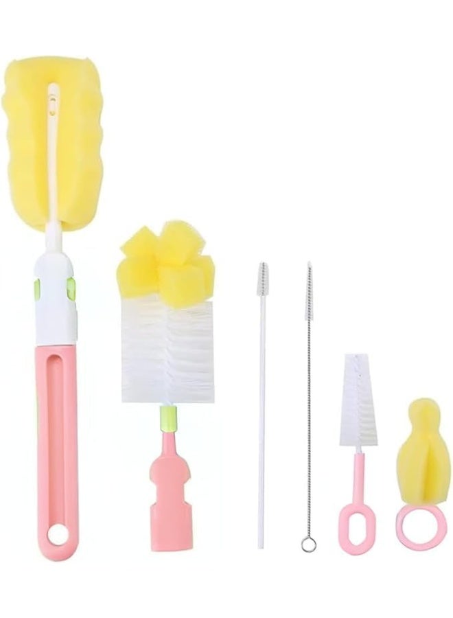 طقم تنظيف زجاجات الأطفال 6 قطع – فرش تنظيف مع إسفنجة وشعيرات لتنظيف الزجاجات والمصاصات – باللونين الوردي والأصفر - Image 1