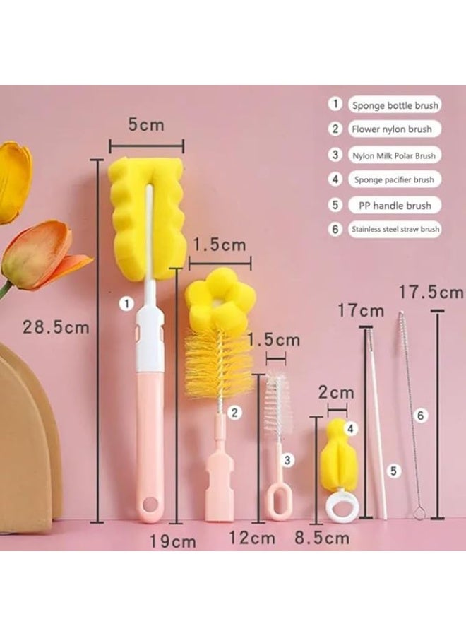 طقم تنظيف زجاجات الأطفال 6 قطع – فرش تنظيف مع إسفنجة وشعيرات لتنظيف الزجاجات والمصاصات – باللونين الوردي والأصفر - Image 2