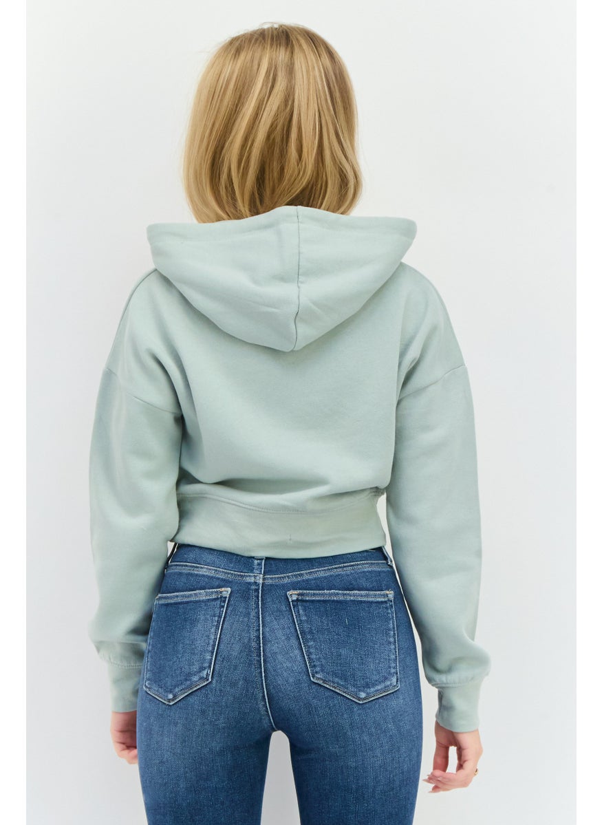 JUICE Women Hood With Drawstring Plain Long Sleeve Cropped Sweatshirts, Sage Green  - Image 3