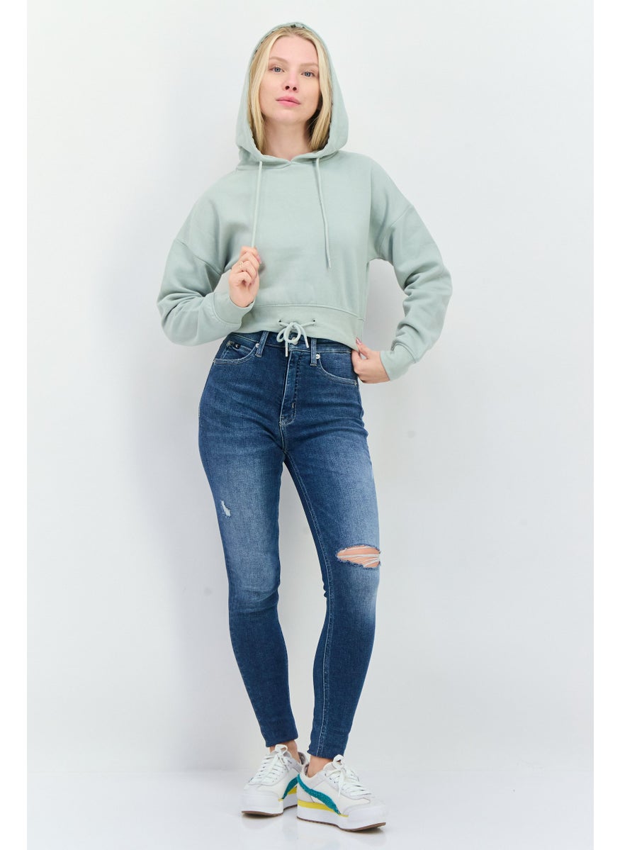 JUICE Women Hood With Drawstring Plain Long Sleeve Cropped Sweatshirts, Sage Green  - Image 4