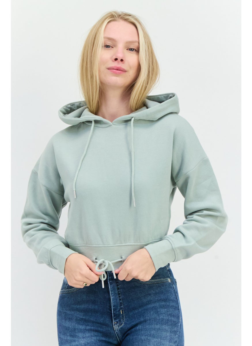 JUICE Women Hood With Drawstring Plain Long Sleeve Cropped Sweatshirts, Sage Green  - Image 1