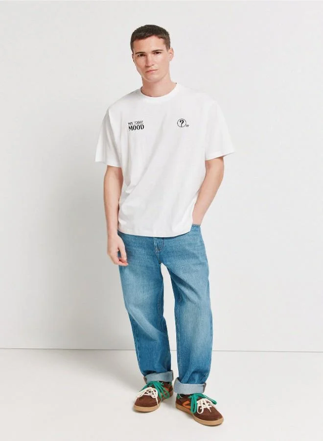 Springfield  Cotton loose fit ribbed round neck with high-density front print and photographic back print short-sleeved T-shirt for Men | Best Price UAE