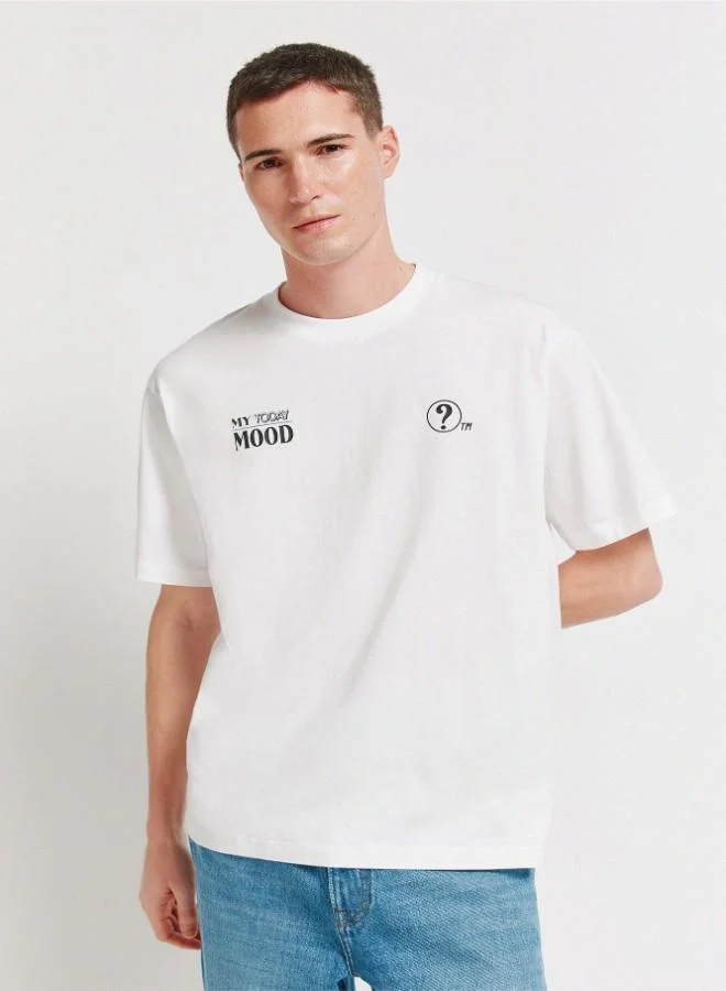 Springfield Cotton loose fit ribbed round neck with high-density front print and photographic back print short-sleeved T-shirt