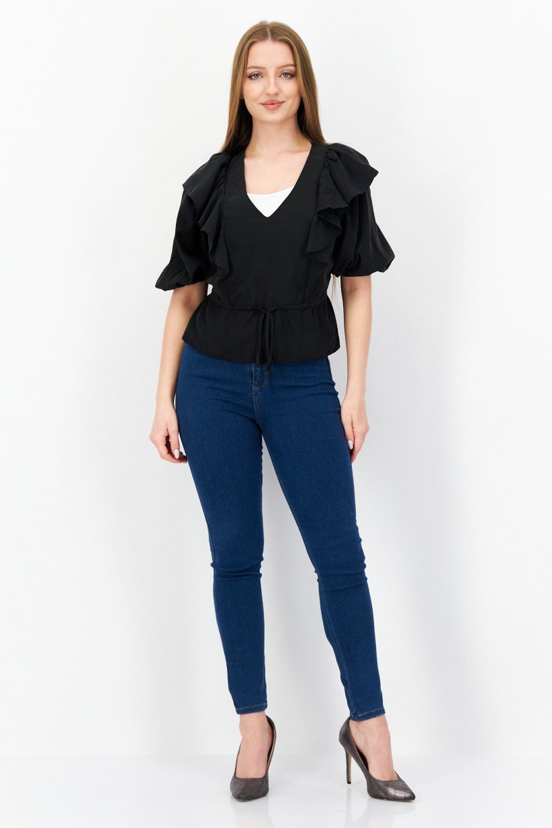 Miss Selfridge Women V-Neck 3/4 Sleeve Solid Blouse, Black - Image 3