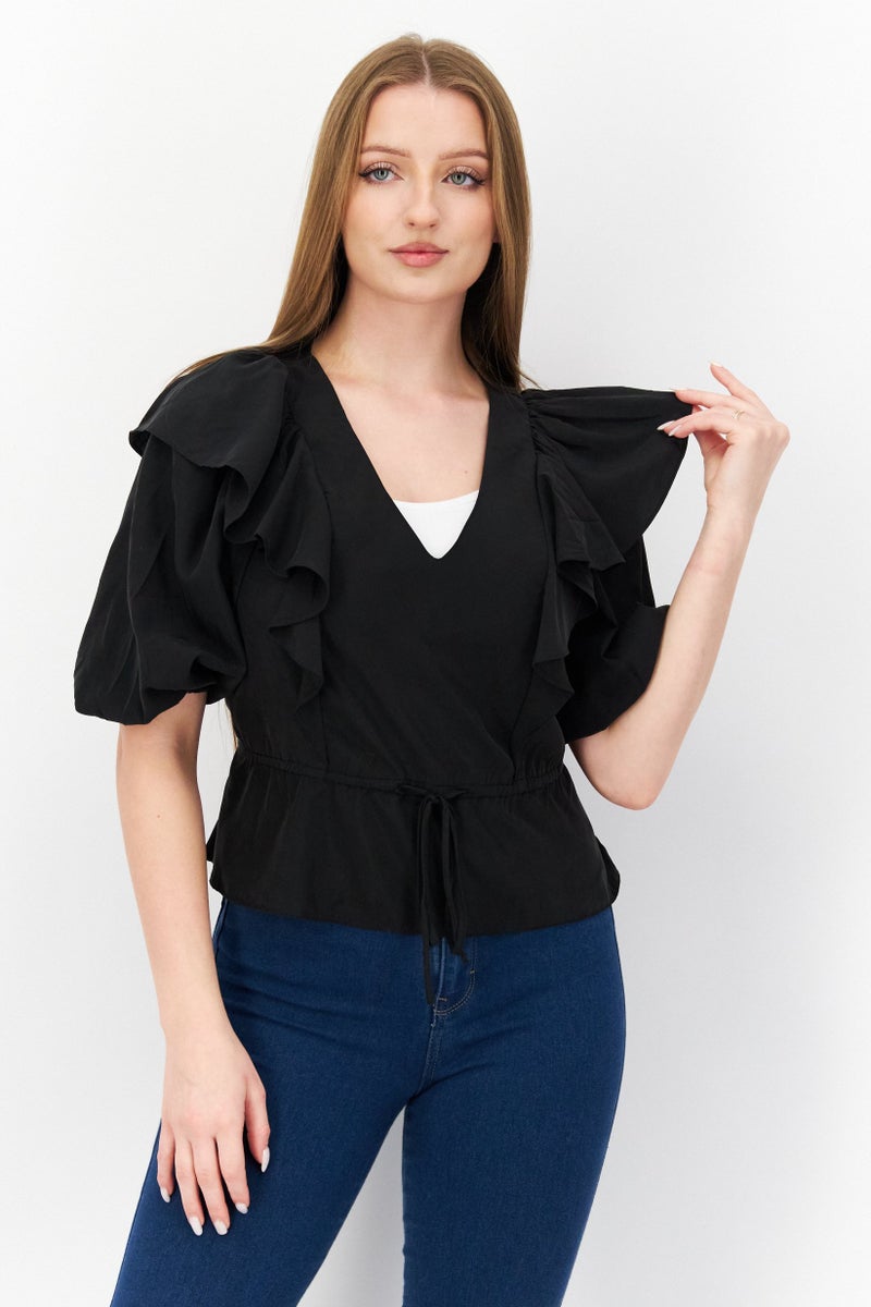 Miss Selfridge Women V-Neck 3/4 Sleeve Solid Blouse, Black - Image 1