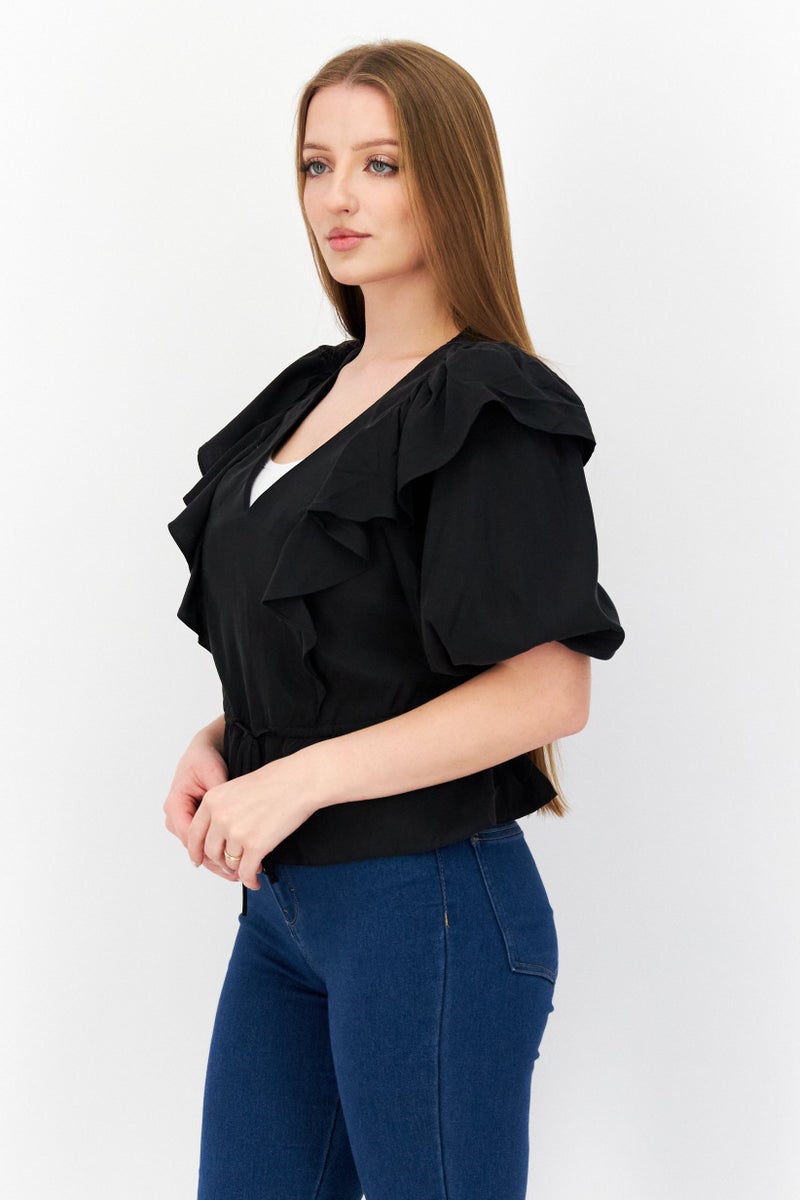 Miss Selfridge Women V-Neck 3/4 Sleeve Solid Blouse, Black - Image 4