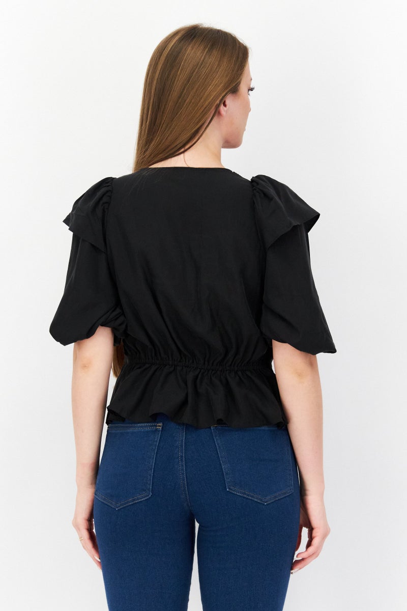 Miss Selfridge Women V-Neck 3/4 Sleeve Solid Blouse, Black - Image 2