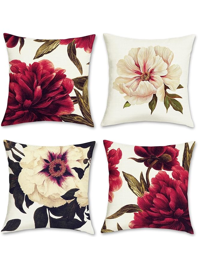 إيروريكس مجموعة من 4 أغطية وسائد من البوليستر والكتان على شكل زهرة الفاوانيا الحمراء مناسبة للأريكة وغرفة النوم والديكور الداخلي والخارجي، مقاس 45 × 45 سم - Image 1