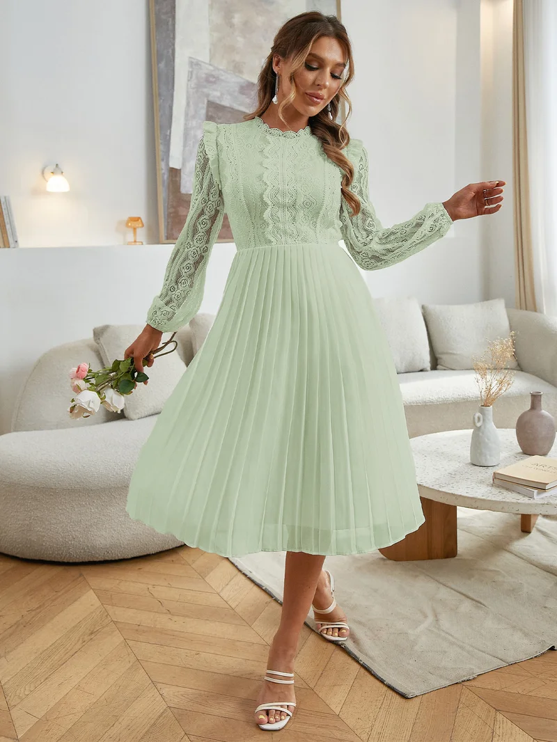 Simplee Lapel Long Sleeve Pleated Maxi Dress, Waist Belt, Minimal Fresh Office Dress