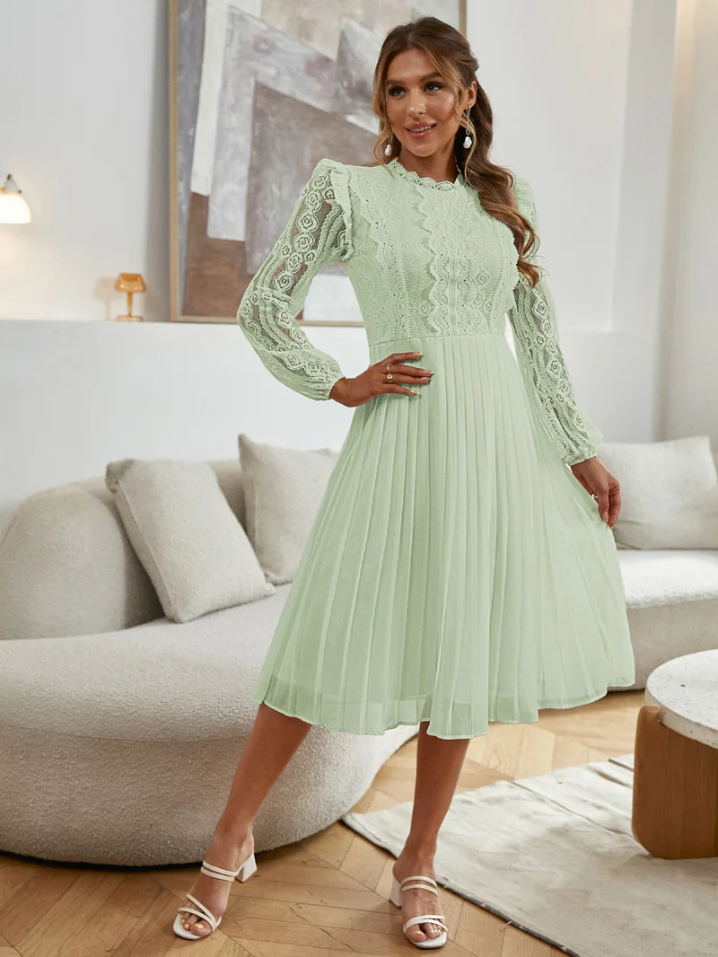 Simplee Lapel Long Sleeve Pleated Maxi Dress, Waist Belt, Minimal Fresh Office Dress