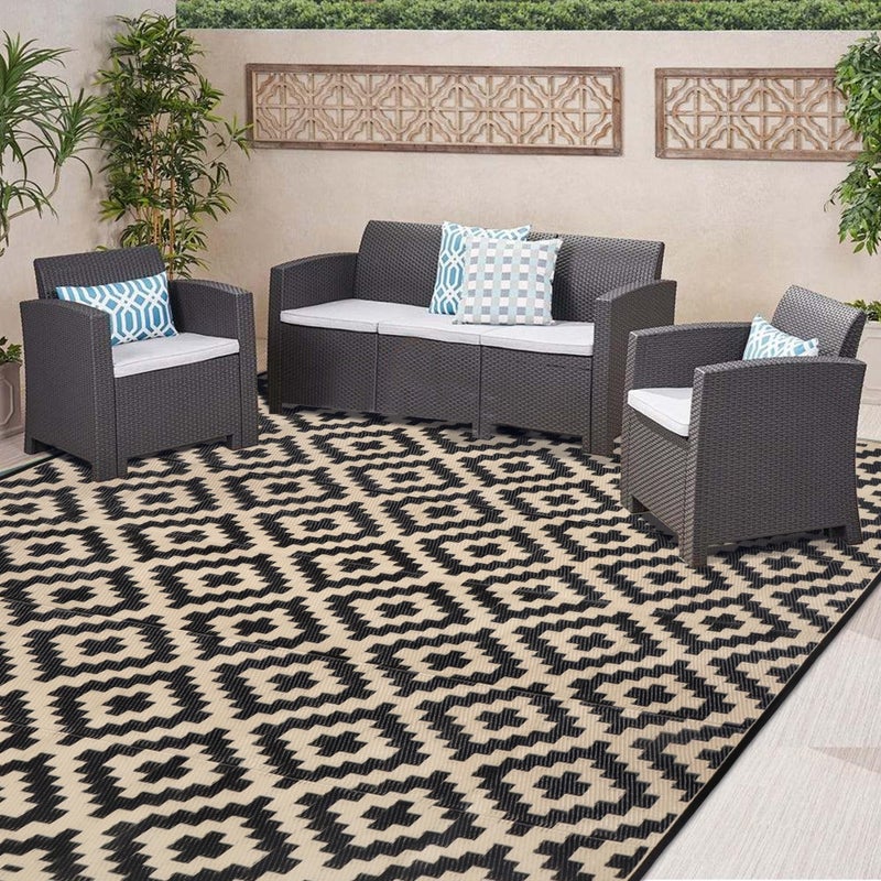 SAND MINE Waterproof Outdoor Rug 8x8 ft Plastic Reversible Rug Modern Area Rug Large Floor Mat for Outdoors RV Patio Backyard Deck Picnic Beach Camping Black Beige