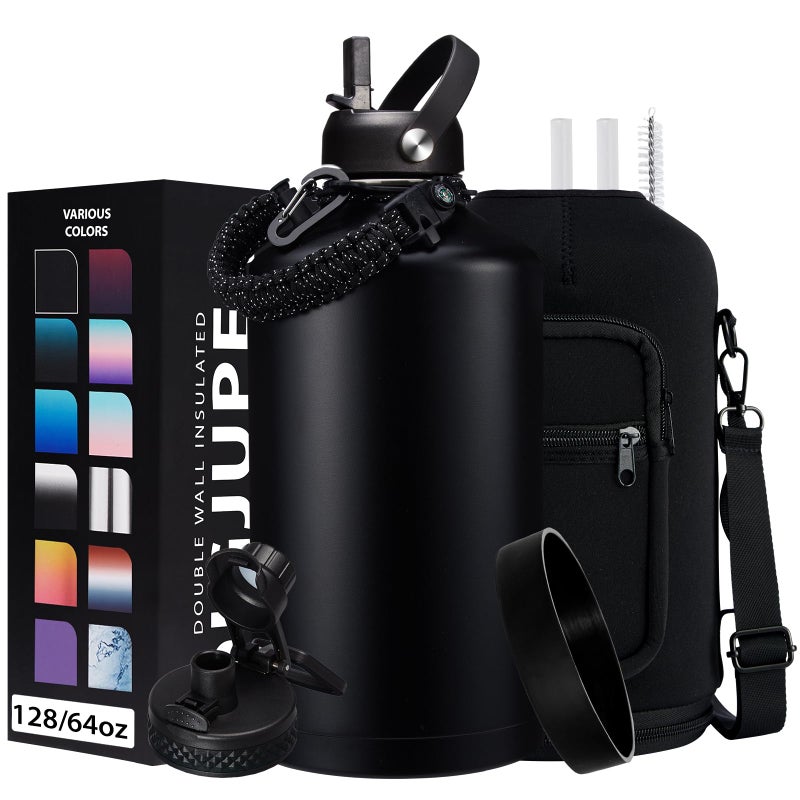 DIGJUPER 128OZ Insulated Water-Bottles with Strap - 1 Gallon Large Water Jug with Straw & Spout Lid, Stainless Steel Water Bottle Leak Proof, Cold-48h Hot-24h Metal Water Flask w/Paracord Handle, Carrier Bag - Image 1