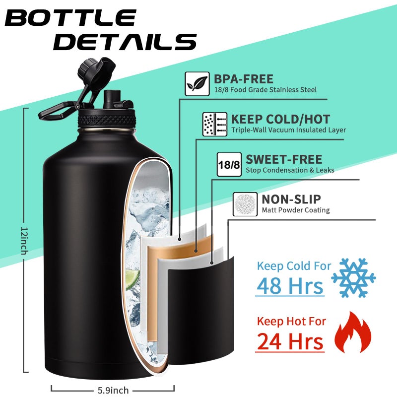 DIGJUPER 128OZ Insulated Water-Bottles with Strap - 1 Gallon Large Water Jug with Straw & Spout Lid, Stainless Steel Water Bottle Leak Proof, Cold-48h Hot-24h Metal Water Flask w/Paracord Handle, Carrier Bag - Image 4