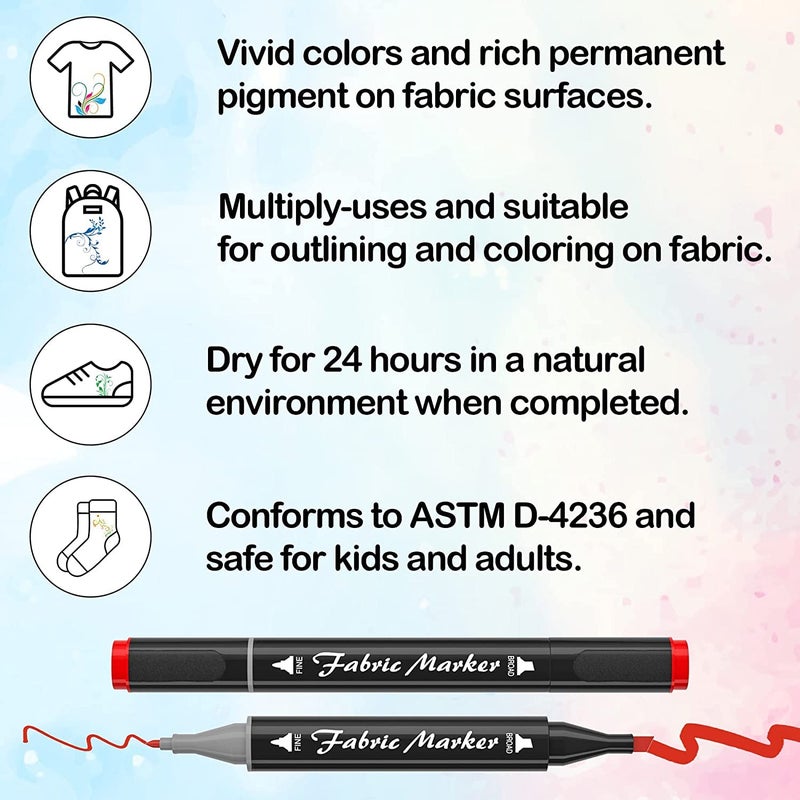 Shuttle Art Fabric Markers Pens, 40 Colors Dual Tip Fabric Markers Permanent No Bleed Pens for T-Shirts Sneakers, Non-Toxic & Child Safe Permanent Pens for Kids Adult Painting Writing - Image 3