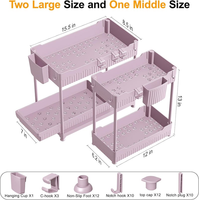 Sevenblue 3 Pack Under Sink Organizers, 2-Tier Multi-Use Kitchen and Bathroom Organizers and Storage with Sliding Drawers，Bathroom Cabinet Organizer (Pink, 14.8 Inch) - Image 4