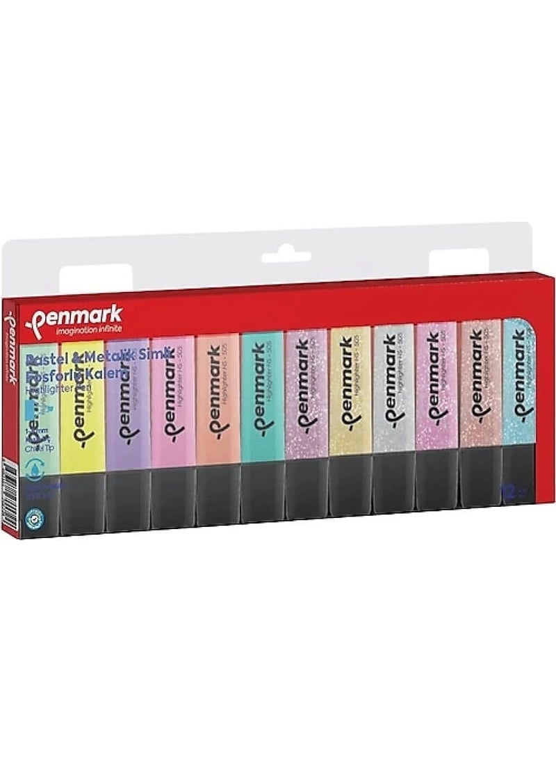 PENMARK Highlighter Pen 12 Pack Acetate Mixed Color 6 Pastel + 6 Glitter  - Image 1