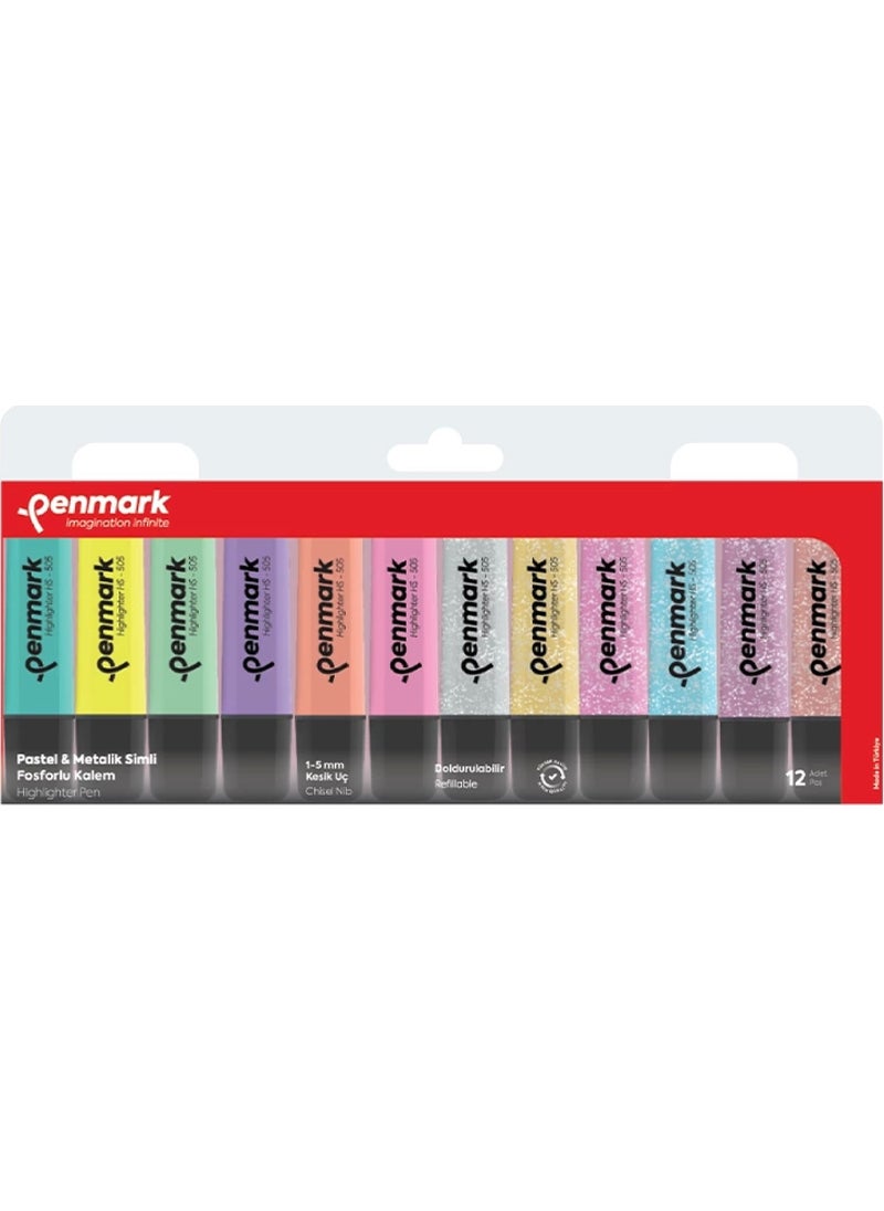 PENMARK Highlighter Pen 12 Pack Acetate Mixed Color 6 Pastel + 6 Glitter  - Image 2