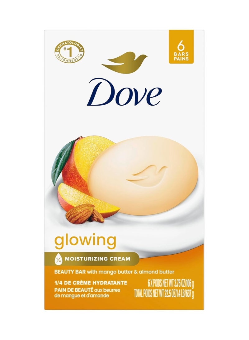 Dove Beauty Bar Gentle Skin Cleanser Moisturizing for Gentle Soft Skin Care Glowing Mango Butter and Almond Butter More Moisturizing Than Bar Soap 3. 75 oz 6 Bars(Pack of 1)