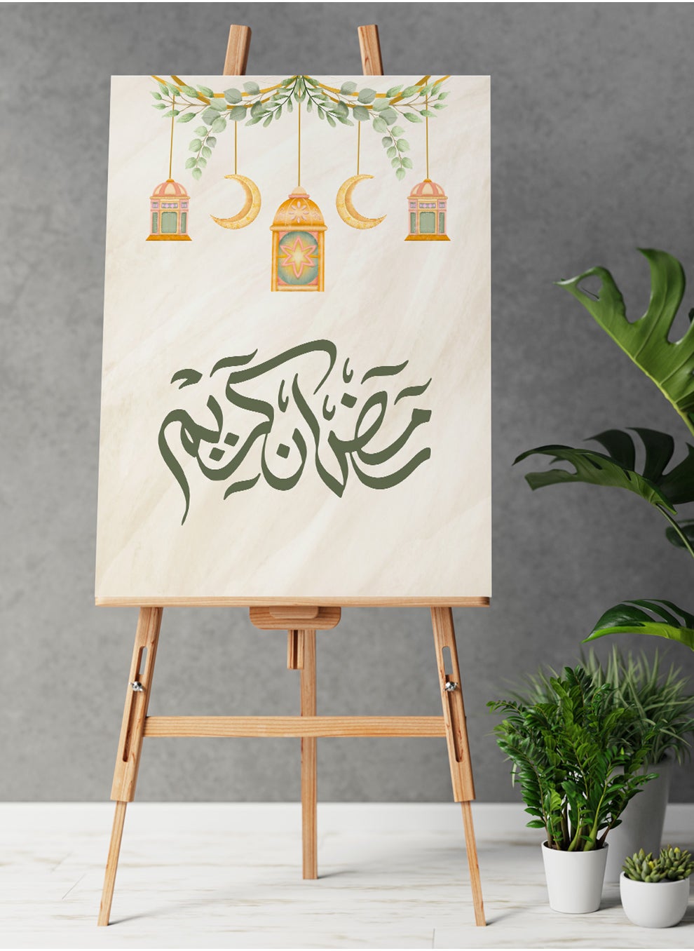 LOWHA Framed Canvas Wall Art Stretched Over Wooden Frame with Ramadan Crescent Painting 