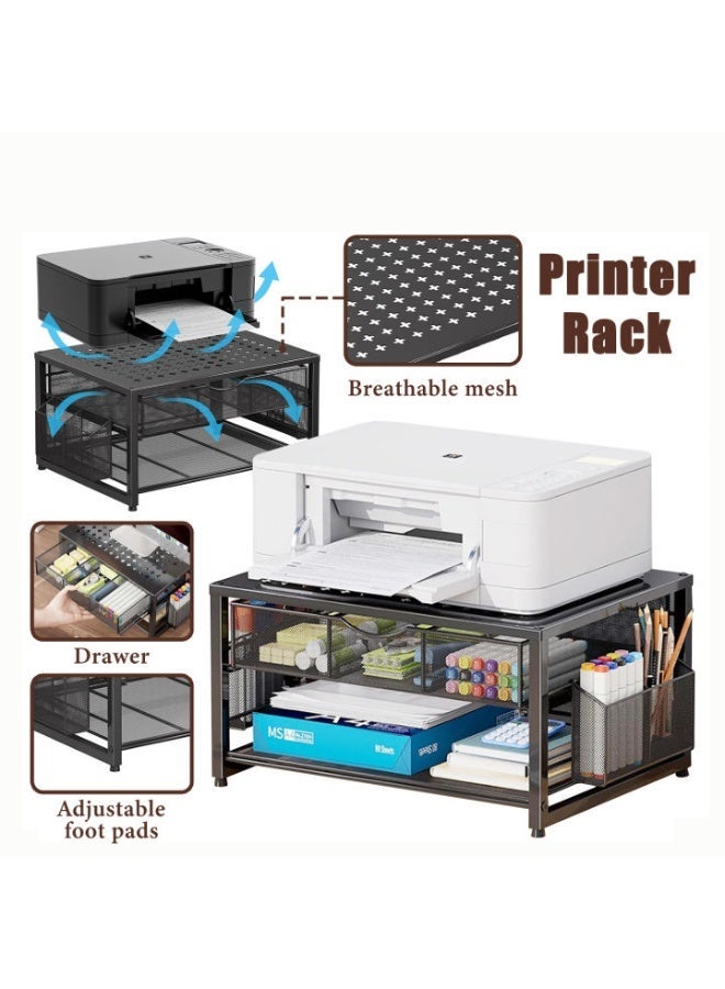 Printer Stand Rack Organizer With Drawer Printer Stand Rack Organizer Table Metal Computer Monitor Stands 3 Layer Printer Rack Stand Table Monitor Stand Riser with Drawer for Classroom Office Supplies - Image 1