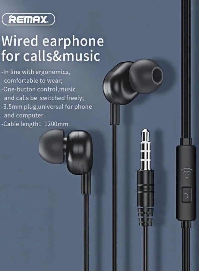 REMAX RW-105 Wired Earphones, 3.5mm Plug, In-Ear Noise Cancellation, Built-In HD Stereo Microphone, One-Button In-Line Control, 1.2M Cable Length, Suitable For Music, Calls, Games, Black, Compatible With 3.5mm Devices. - Image 2