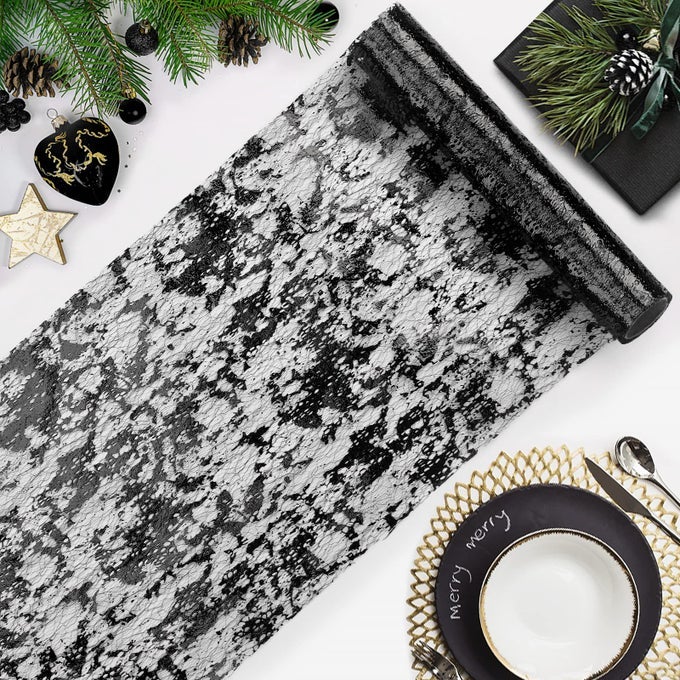 BLACK METALLIC TABLE RUNNER 11X192 SEQUIN FOIL THIN MESH TABLE RUNNERS ROLL BLACK GLITTER TABLE DECOR FOR SUMMER WEDDING BIRTHDAY GRADUATION HALLOWEEN CHRISTMAS PARTY DECORATIONS